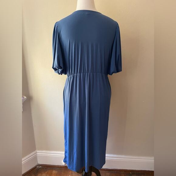 Eloquii Plus Size Slate Blue Tie Neck Midi Dress - Picture 3 of 6